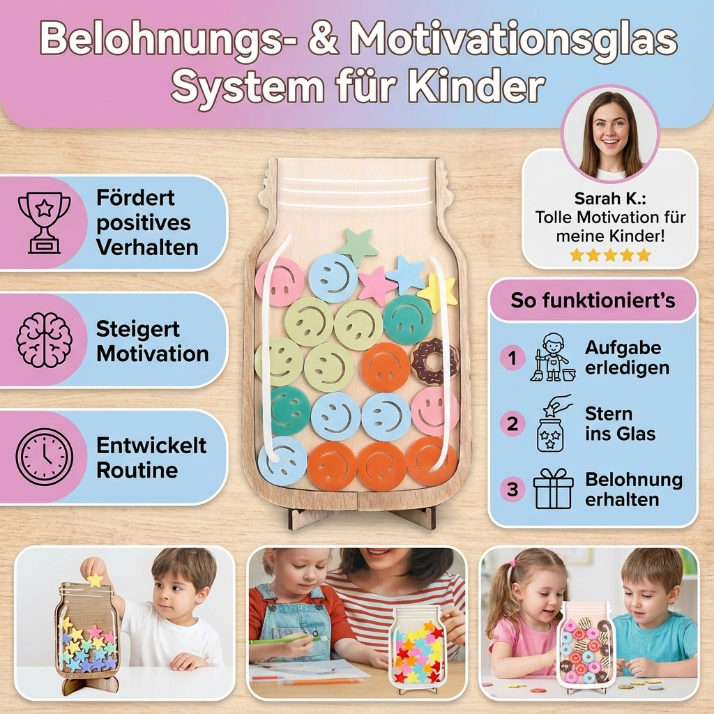 Familie nutzt das Belohnungsglas zur Förderung von Motivation & gutem Verhalten bei Kindern. Lernhilfe für Zuhause.