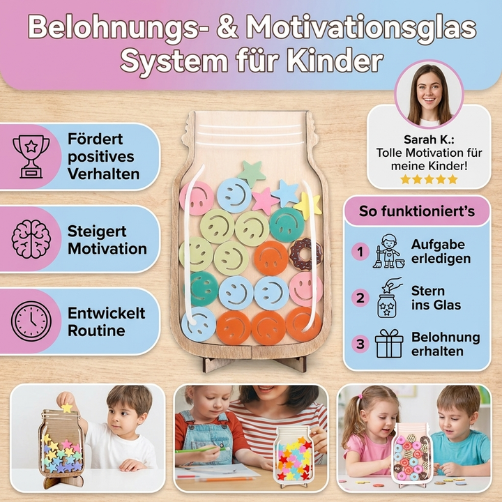 Familie nutzt das Belohnungsglas zur Förderung von Motivation & gutem Verhalten bei Kindern. Lernhilfe für Zuhause.