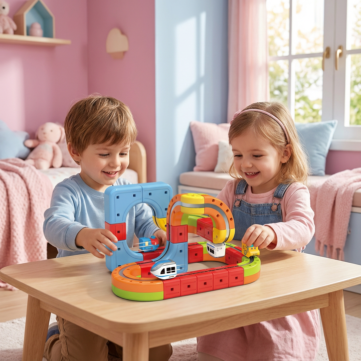 Magnetische Würfel Schienenbahn für Kinder. Interaktives Konstruktionsspielzeug zur Förderung der Motorik.