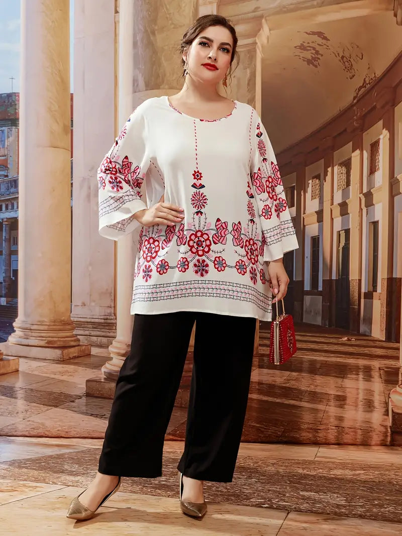 Gemütliche Damen Tunika Übergröße mit floralem Muster, Langarm, ideal für Freizeit & Herbstmode.