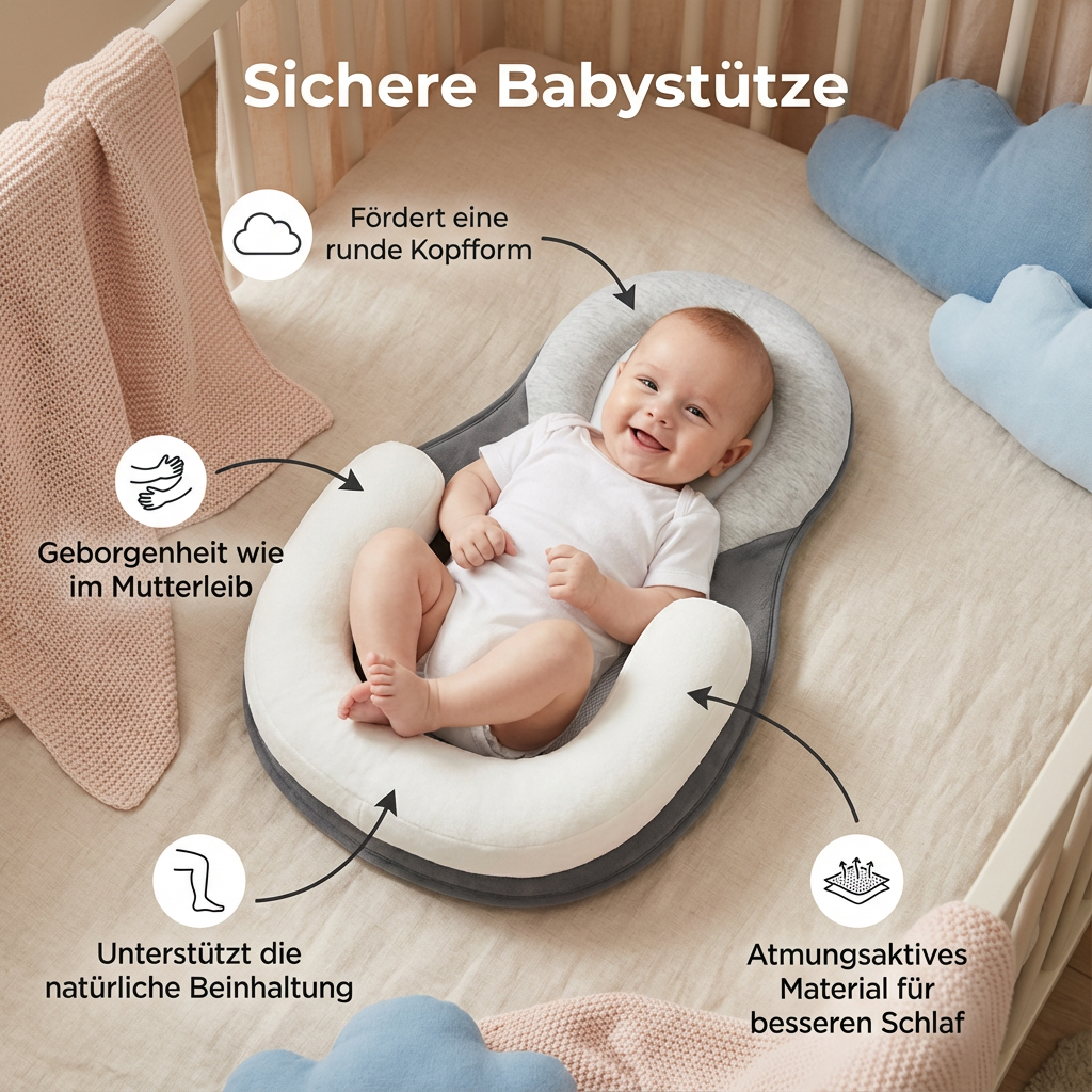 Nahaufnahme des weichen, atmungsaktiven Materials der Babystütze. Pflegeleicht & hautfreundlich.