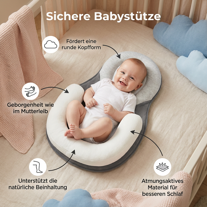 Nahaufnahme des weichen, atmungsaktiven Materials der Babystütze. Pflegeleicht & hautfreundlich.