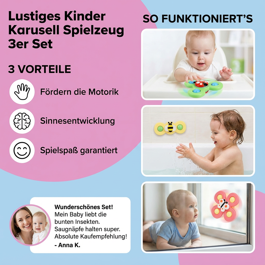 Farbenfrohes 3er Set Karussell Spielzeug für Babys und Kleinkinder. Sensorisches Lernspielzeug zur Motorik-Förderung.