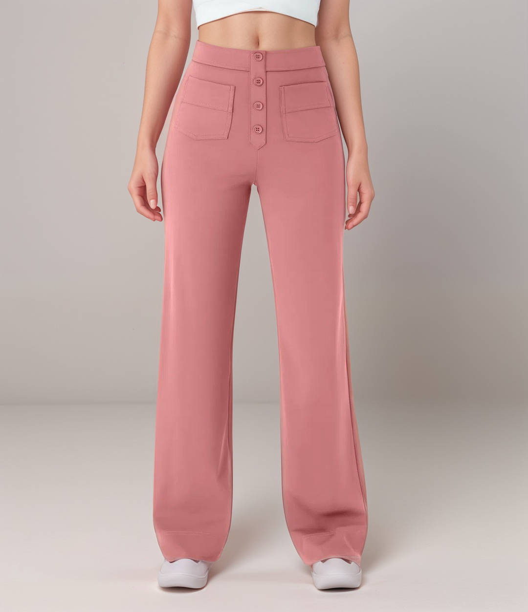 Bequeme Damenhose High Waist, weites Bein, mit Stretchanteil. Ideal für Freizeit & Büro.