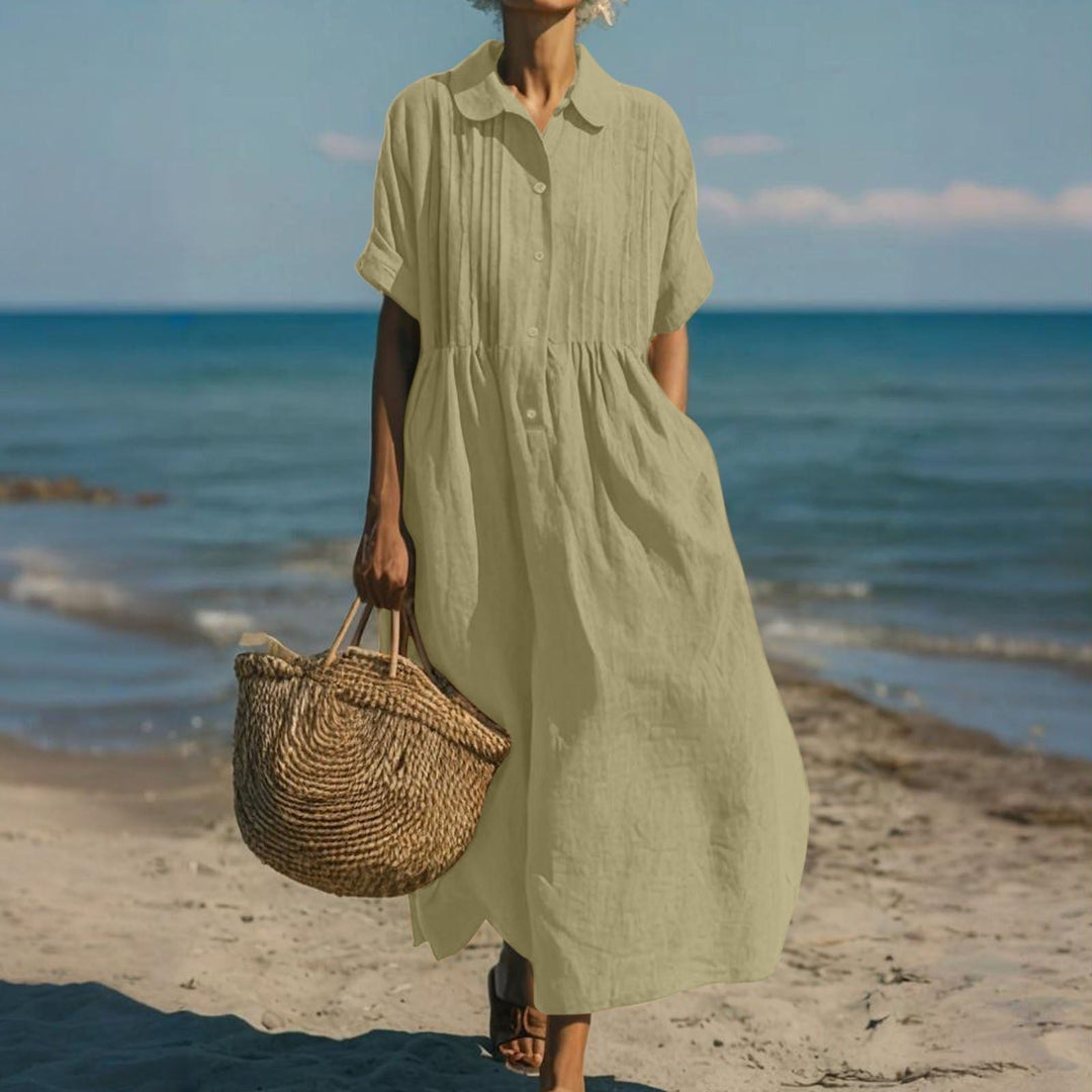 Elegantes Damen Hemdblusenkleid Midi mit Knopfleiste und praktischen Taschen. Bequem für Sommer & Urlaub.