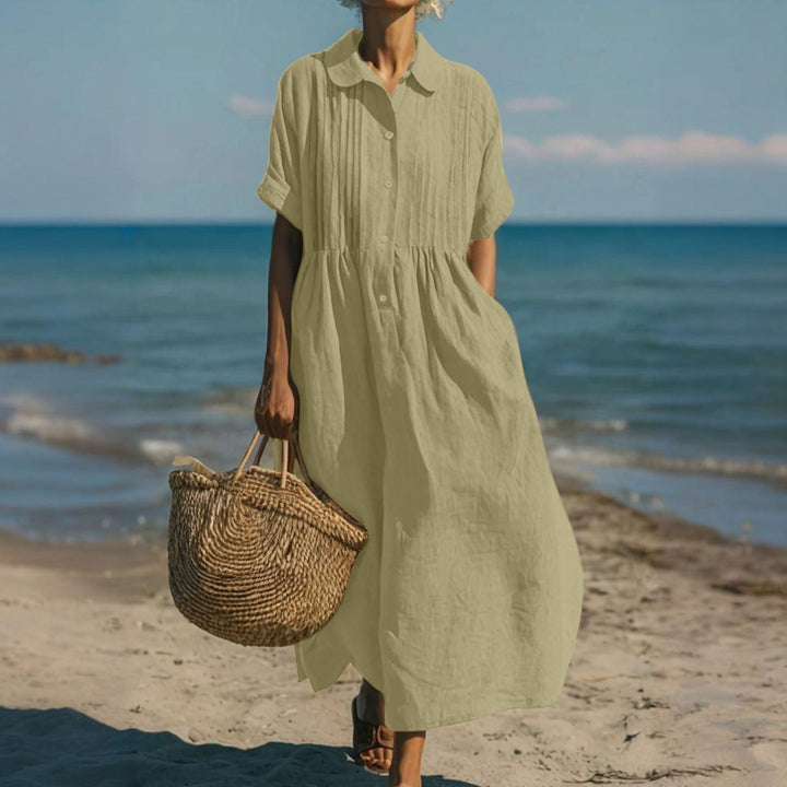 Elegantes Damen Hemdblusenkleid Midi mit Knopfleiste und praktischen Taschen. Bequem für Sommer & Urlaub.