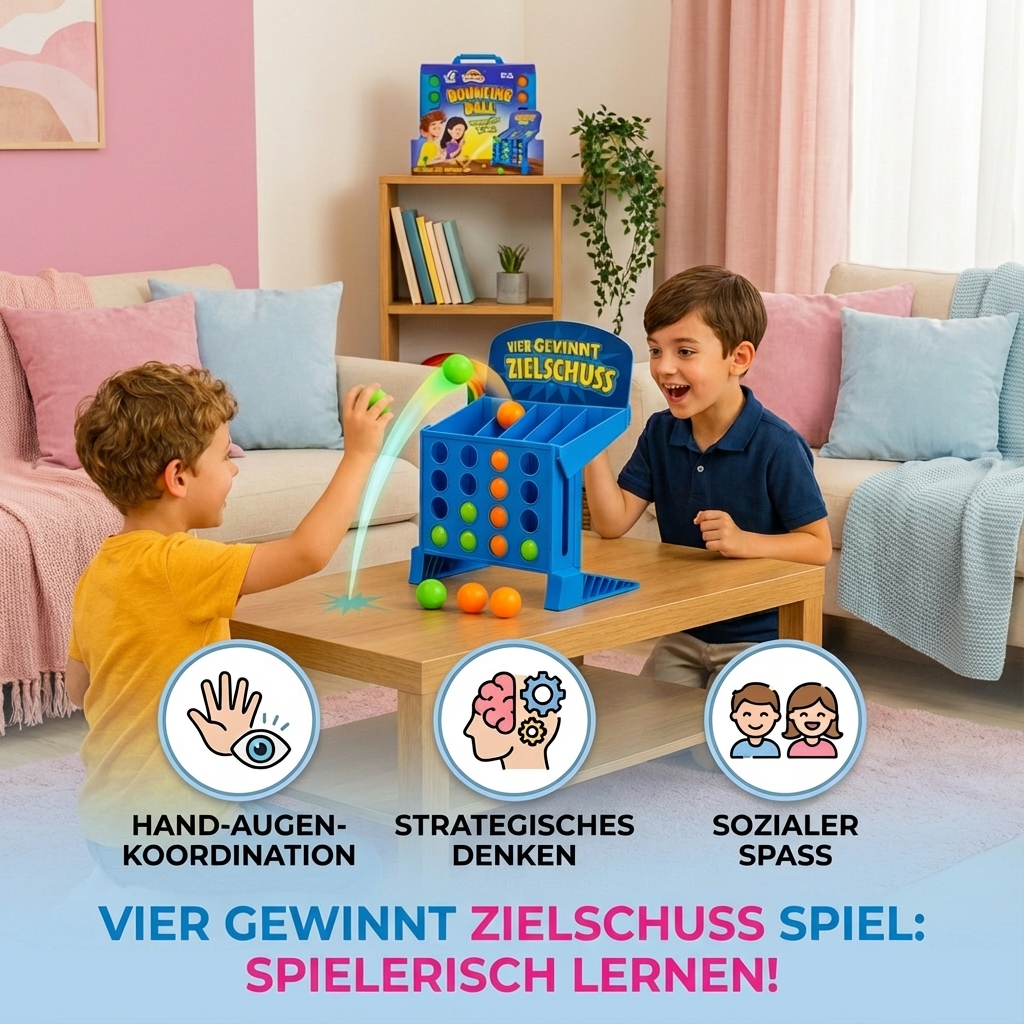 Familie spielt lachend das Vier Gewinnt Zielschuss Spiel; interaktives Brettspiel für gemeinsamen Familienspaß.