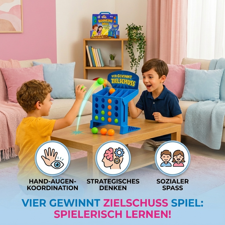 Familie spielt lachend das Vier Gewinnt Zielschuss Spiel; interaktives Brettspiel für gemeinsamen Familienspaß.