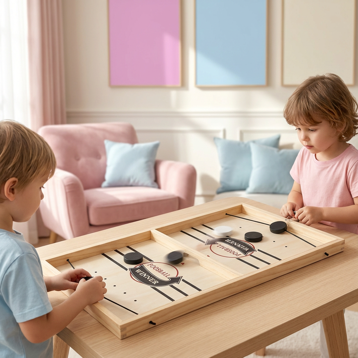 Actionreiches Schleuder-Schach, ein Geschicklichkeitsspiel aus Holz für die ganze Familie.