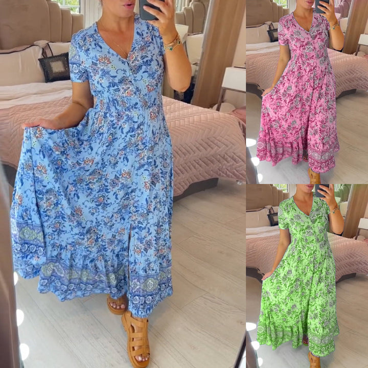 Komfortables Damenkleid mit V-Ausschnitt, A-Linie, perfekt für entspannte Sommertage.