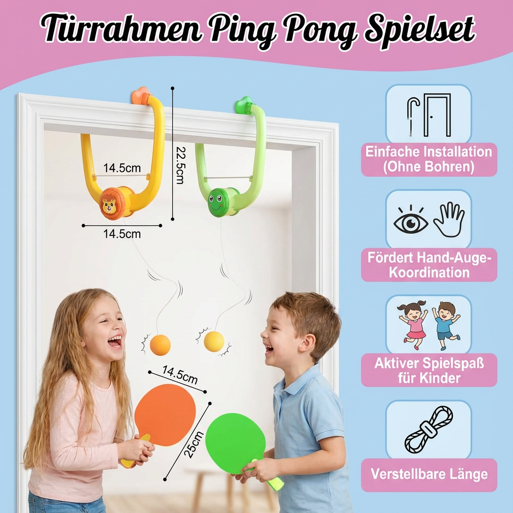 Detailansicht des Türrahmen Ping Pong Sets mit Schlägern und Bällen, bereit für eine spannende Tischtennis-Partie.