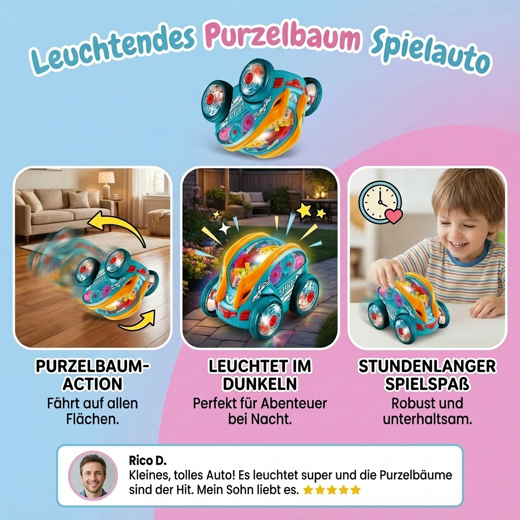 Wiederaufladbares elektrisches Purzelbaum Auto mit leuchtenden Effekten; ideale Geschenkidee für Kinder.