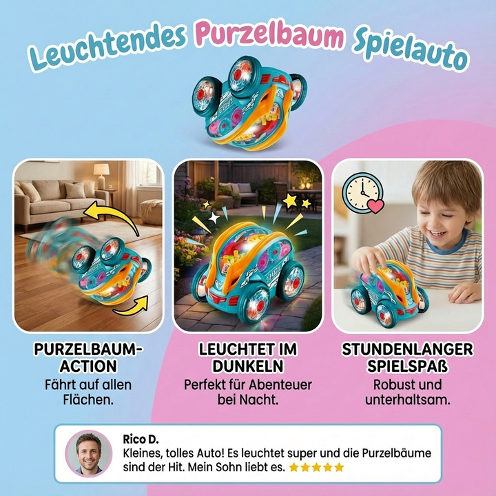 Wiederaufladbares elektrisches Purzelbaum Auto mit leuchtenden Effekten; ideale Geschenkidee für Kinder.