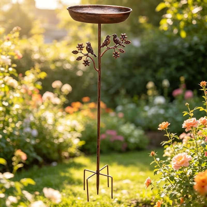 Rustikale Metall-Vogeltränke in Kupfer-Optik, als Vogelbad mit Erdspieß für Wildvögel, wetterfeste Gartendeko.