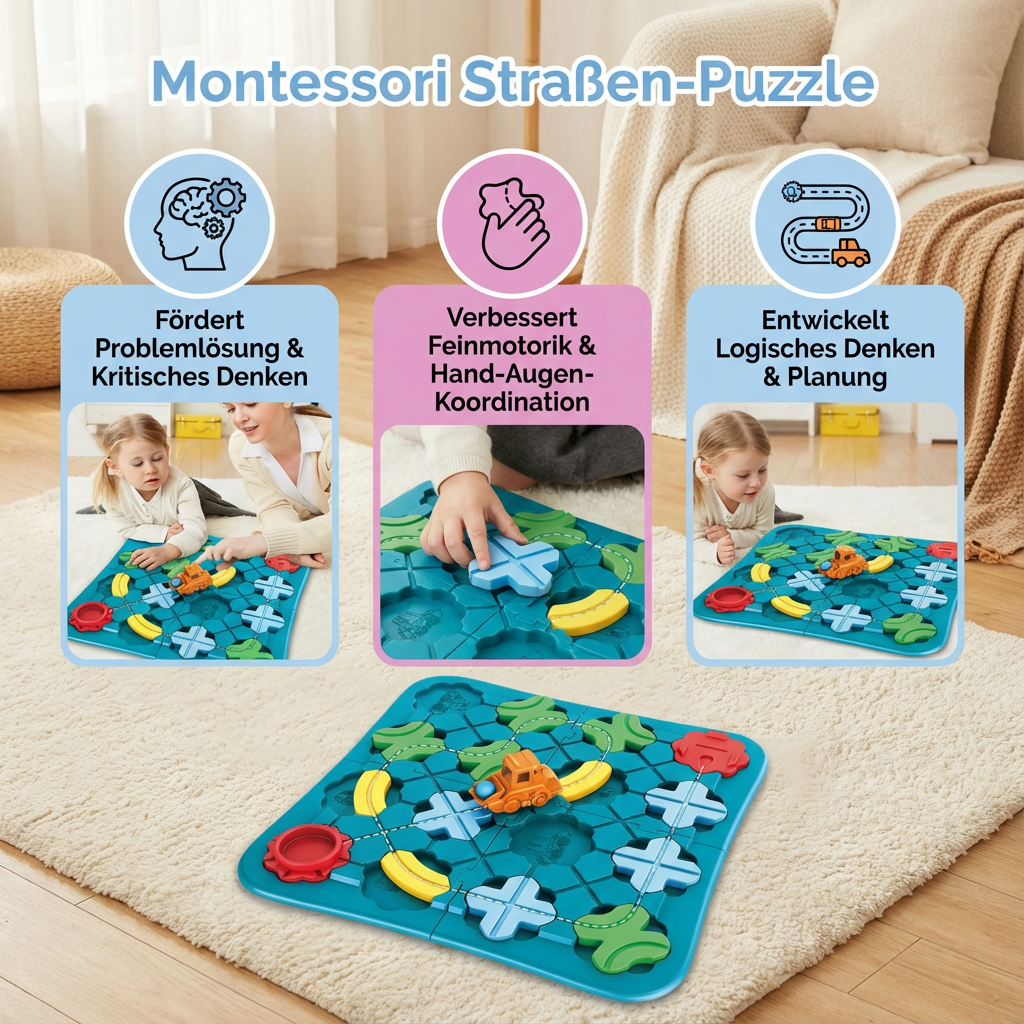 Kind baut flexible Straße mit Montessori Puzzle-Teilen, fördert Kreativität, Motorik & die Entwicklung von Kleinkindern.