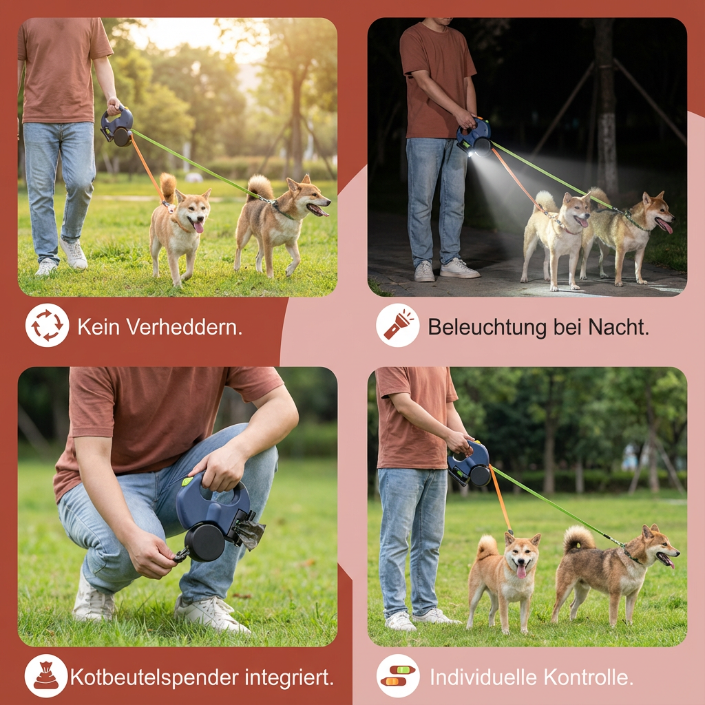 Sichere Doppel-Hundeleine für 2 Hunde mit Anti-Verhedder-Funktion und reflektierenden Elementen.