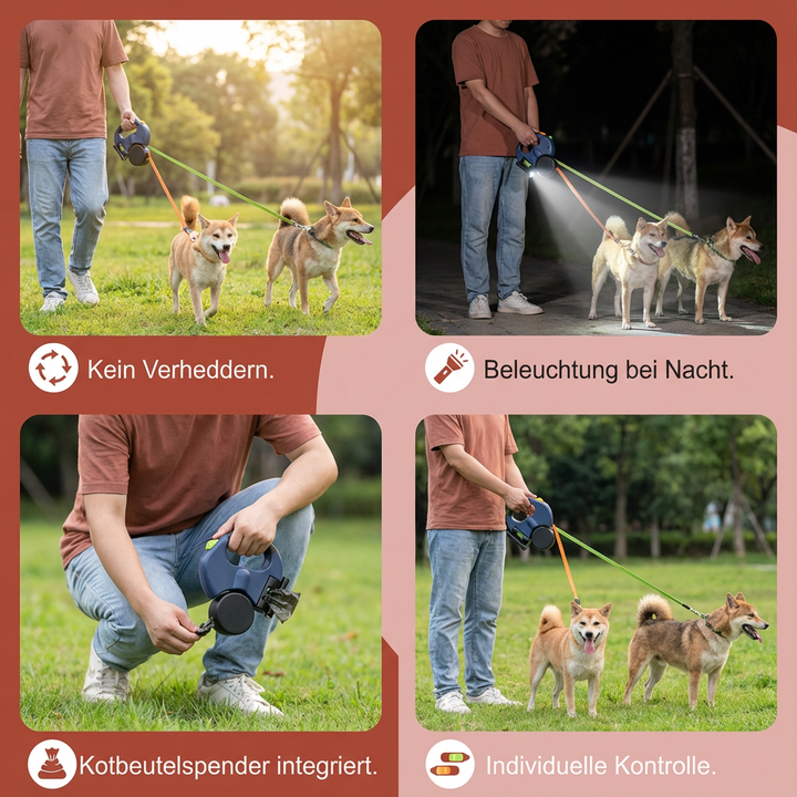Sichere Doppel-Hundeleine für 2 Hunde mit Anti-Verhedder-Funktion und reflektierenden Elementen.