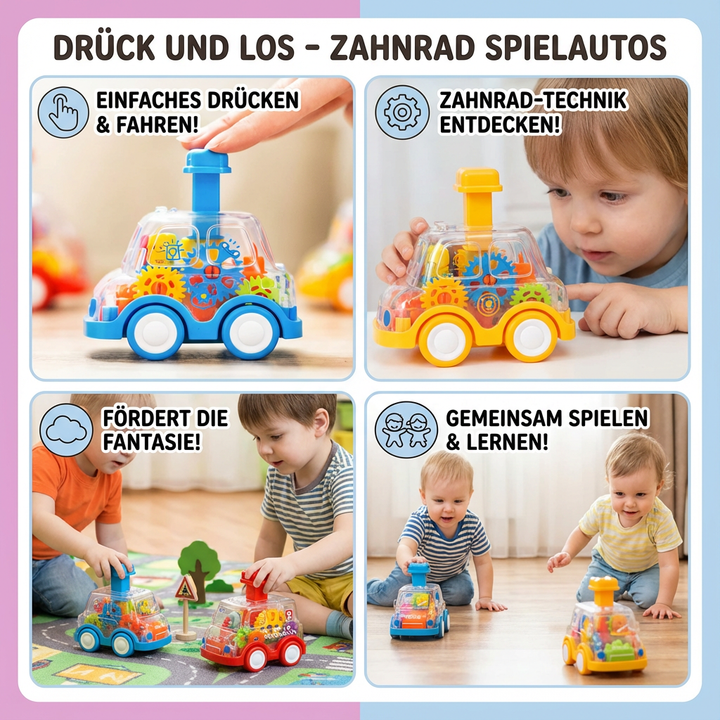 Buntes, robustes Zahnrad Spielauto Set für Kinder, Push-and-Go Mechanismus, ideales Motorik Lernspielzeug.