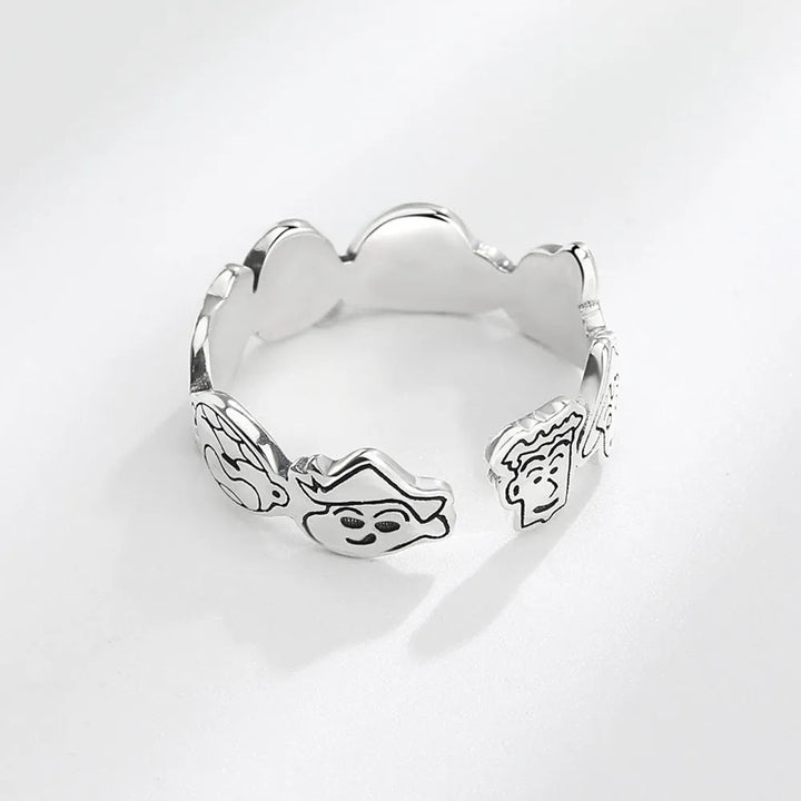Verstellbarer Cartoon-Gesichtsring aus Kupfer, unisex. Skurriles Design mit lachendem Gesicht. Origineller Metallschmuck.