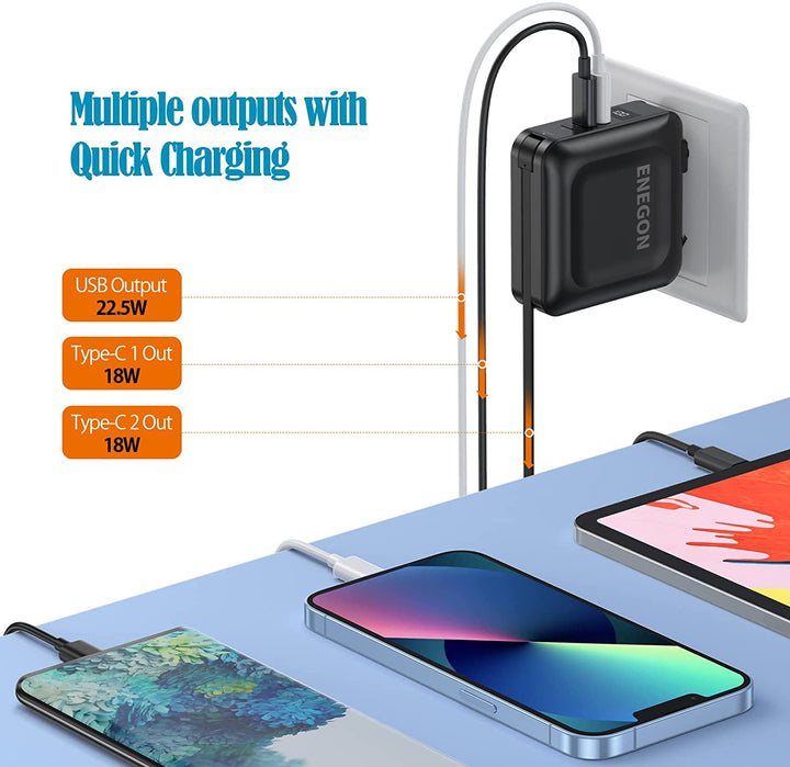 Powerbank 15000 mAh mit integriertem AC-Stecker, Schnellladung & robustem Design für unterwegs.