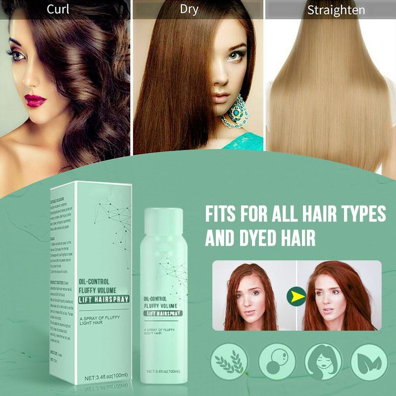 Nahaufnahme des Volumensprays für feines Haar mit Ölregulierung. Produkt für Fülle, leichter Halt und frisches Haar.