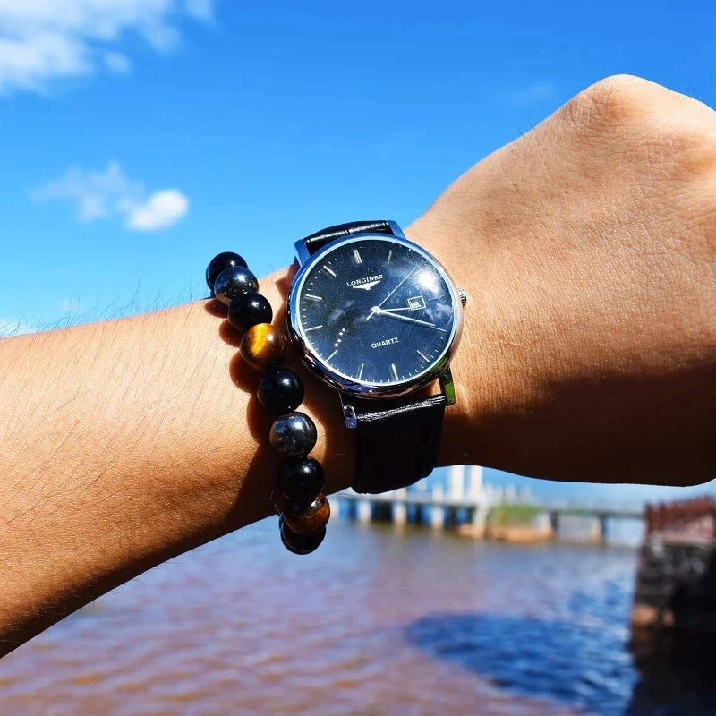 Dreifach-Schutz Armband mit natürlichen Heilsteinen: Obsidian, Tigerauge, Hämatit. Ideale Geschenkidee.