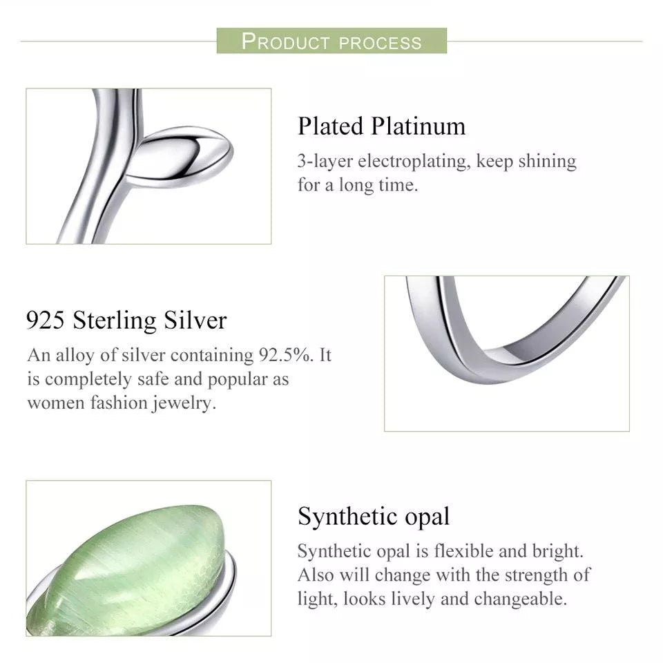 Stylischer grüner Opal-Blattring aus 925er Silber. Damenschmuck mit Edelstein, Glücksbringer, verstellbar.