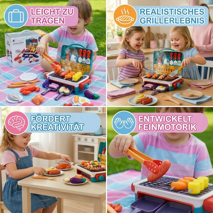 Interaktiver Kinderspielgrill mit realistischem Rauch-Effekt & Essen, das beim 'Garen' die Farbe wechselt.