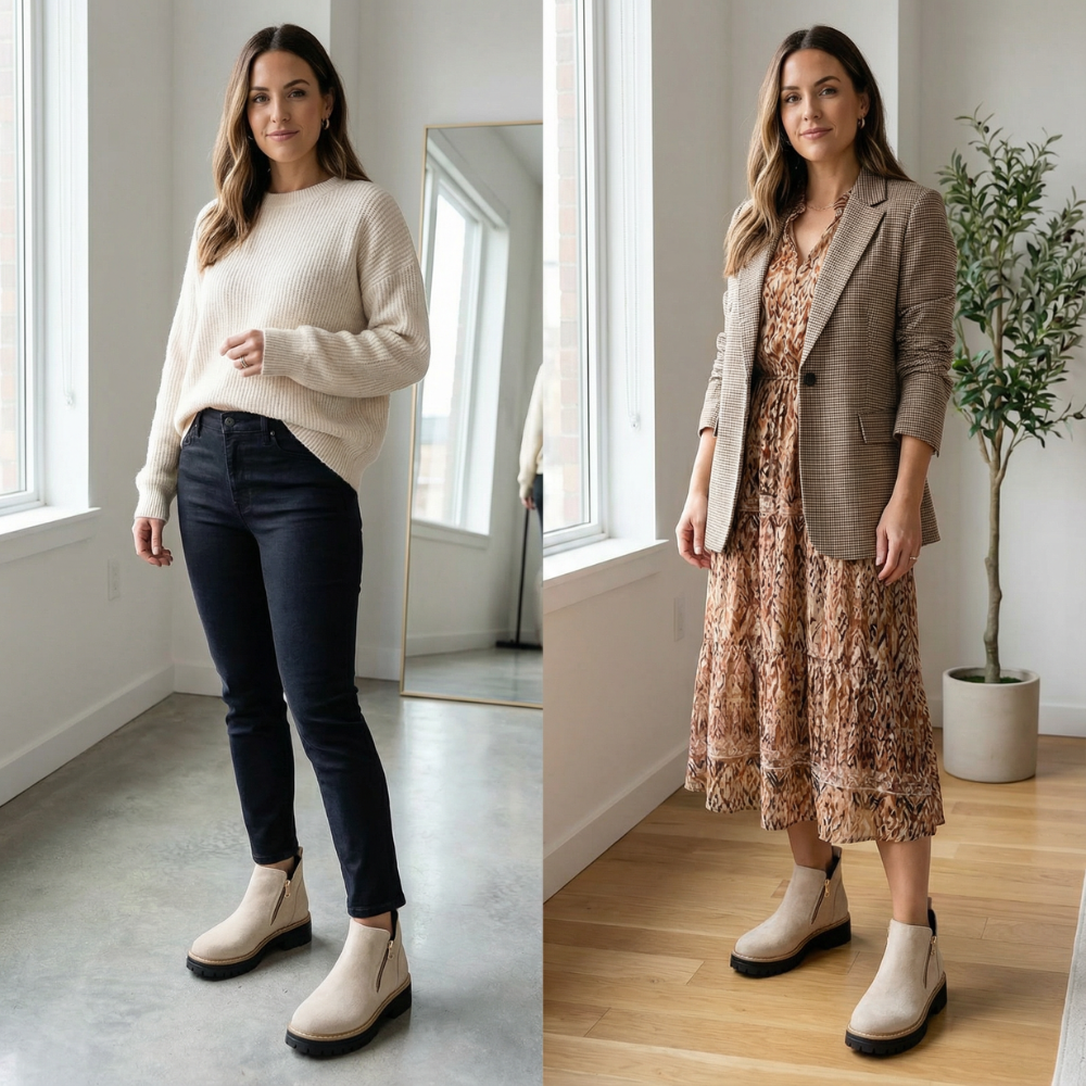 Damen Chelsea-Stiefeletten mit Blockabsatz am Fuß, kombiniert mit Casual-Outfit. Komfortable Herbstschuhe mit breiter Zehenbox.