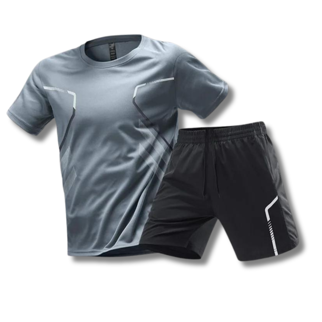 Detailaufnahme des atmungsaktiven Stoffes vom Herren Sportset. Komfortables Polo & Shorts für Tennis & Padel Training.