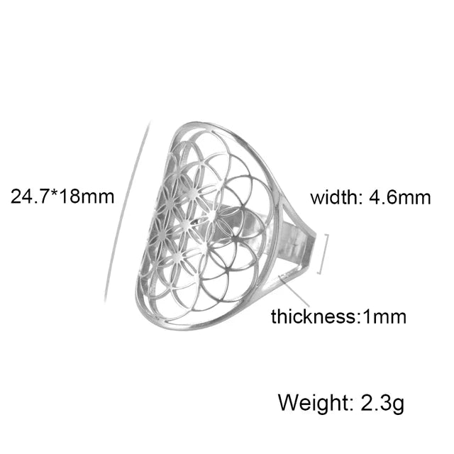 Ovaler Unisex-Schmuckring mit Blume des Lebens Motiv, verstellbar; langlebiger Edelstahlring als spirituelles Accessoire.
