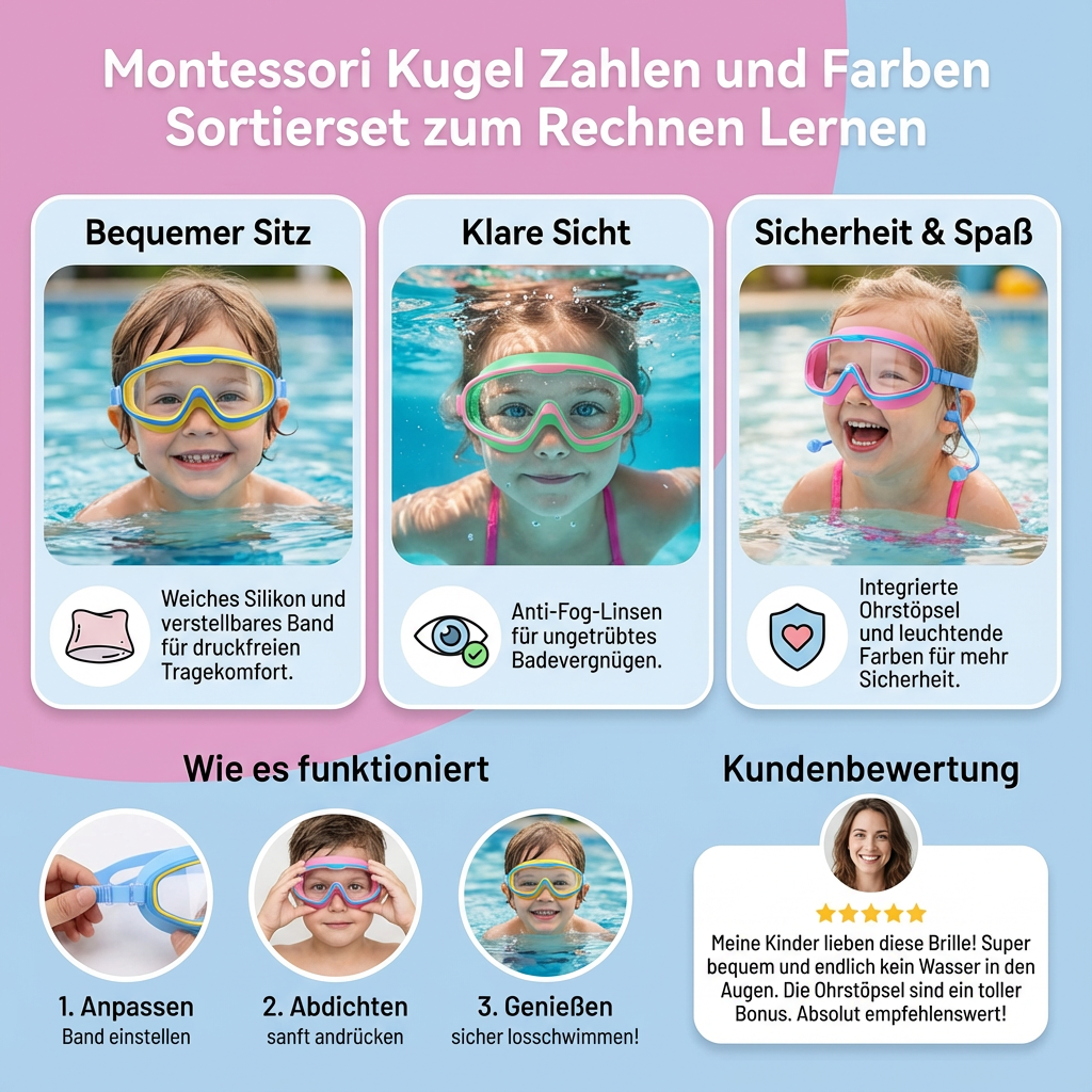 Schwimmbrille Kinder, buntes Design, breites Sichtfeld, leicht verstellbar für sicheren Wasserspaß.