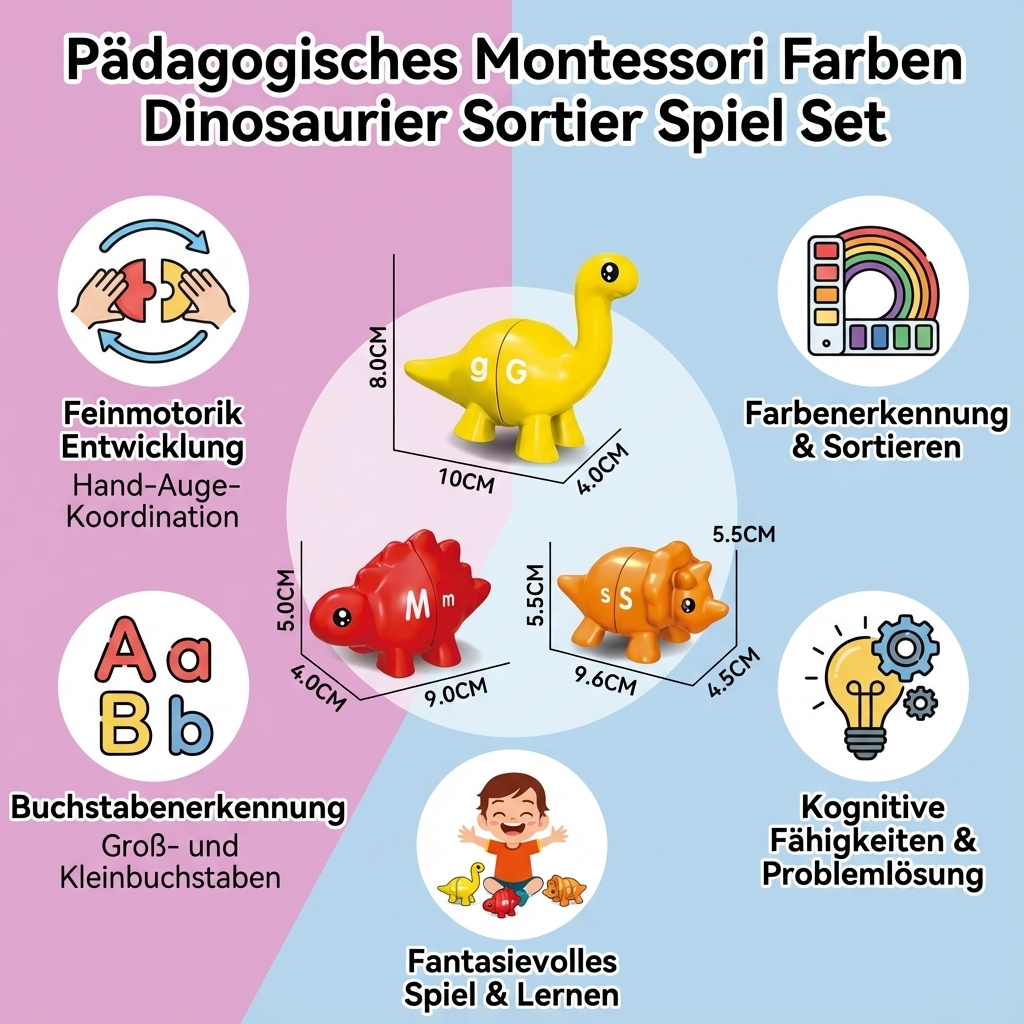 Pädagogisches Montessori Sortierspiel zum Farben lernen & Feinmotorik; Dinosaurier Lernset für Kleinkinder & Entwicklung.
