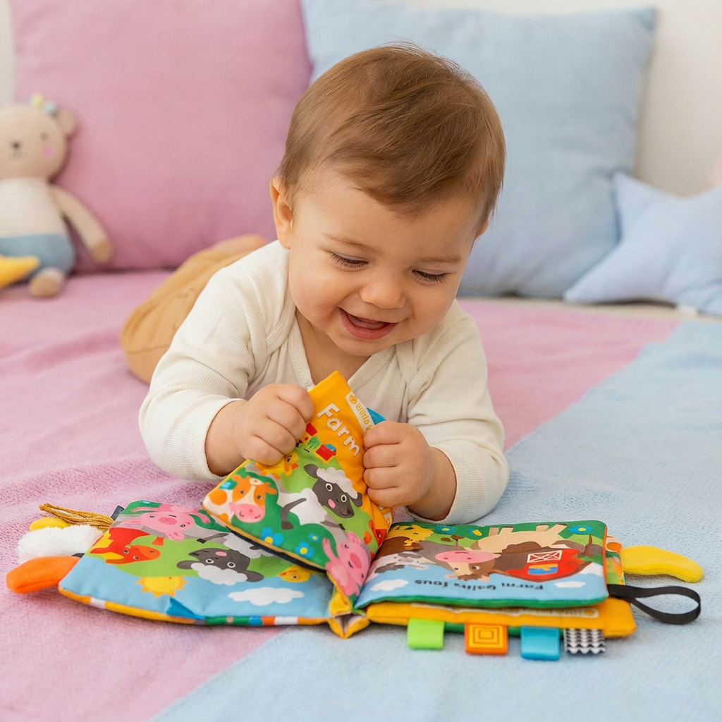 Knisterbuch mit sensorischen Elementen für Babys & Kleinkinder, fördert spielerisch die Entwicklung.