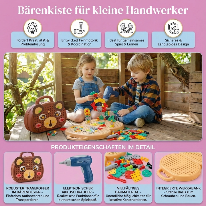 Kind baut mit der Bärenkiste: Lernspielzeug fördert Kreativität, Handwerk & Feinmotorik beim Schrauben.