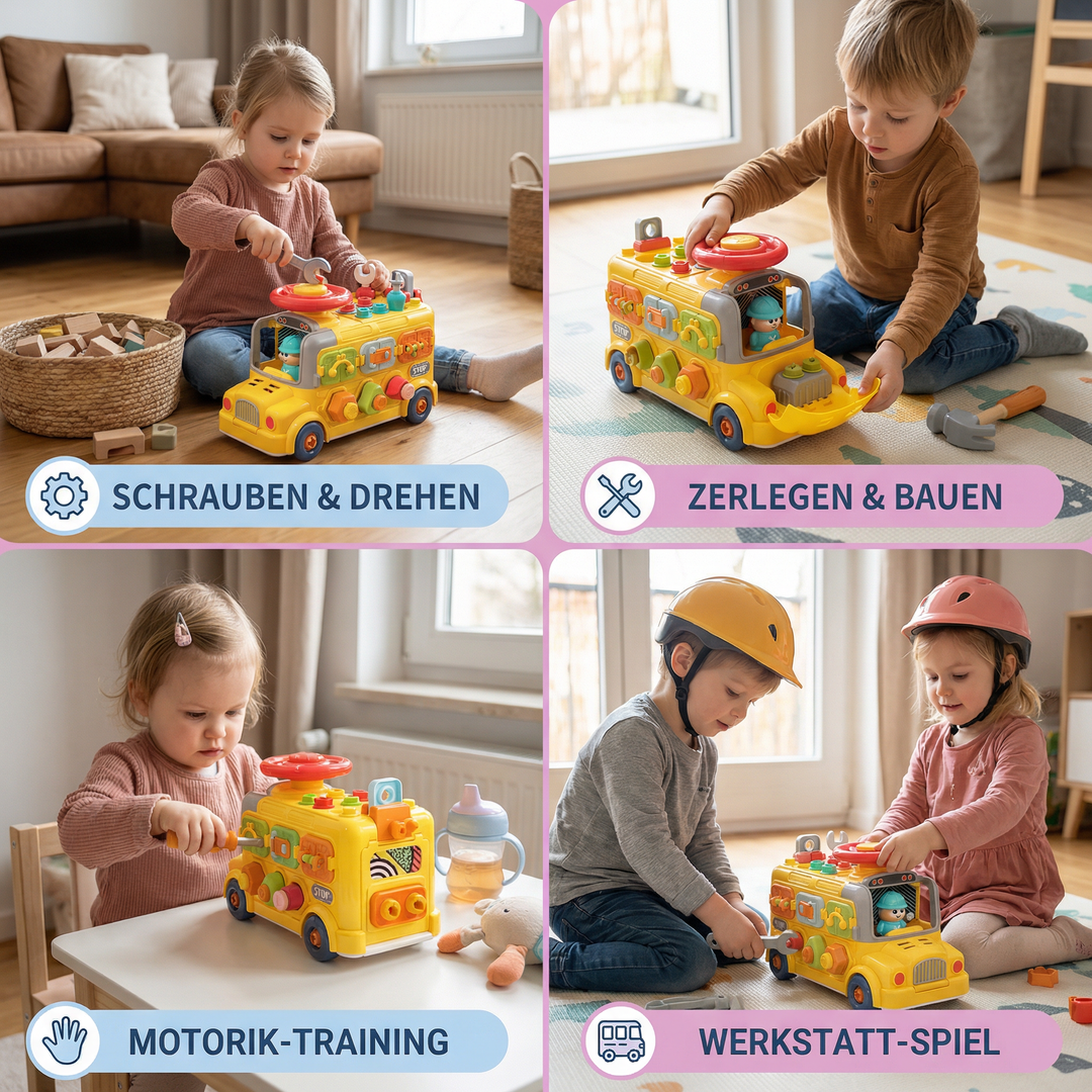 Der farbenfrohe Montessori Schraubbus mit verschiedenen Schrauben & Werkzeugen für interaktives Lernen.