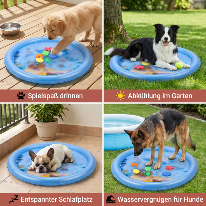 Golden Retriever kühlt sich auf einer großen Wasserspielmatte ab, perfekt als Planschbecken für Hunde.