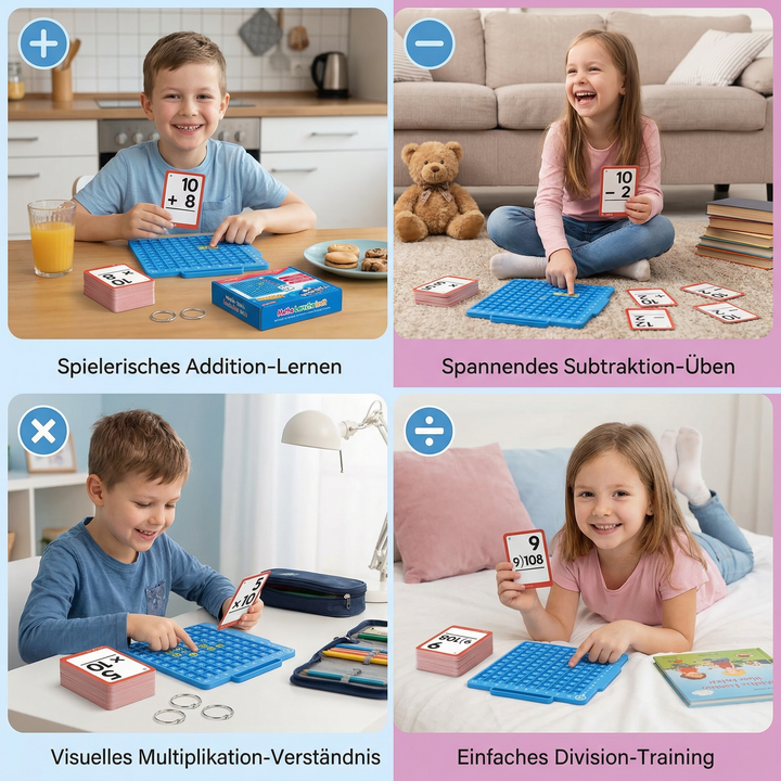 Glückliches Kind löst Mathe-Aufgaben mit Lernkarten und Rechenbrett, fördert Bildung & Rechnen.