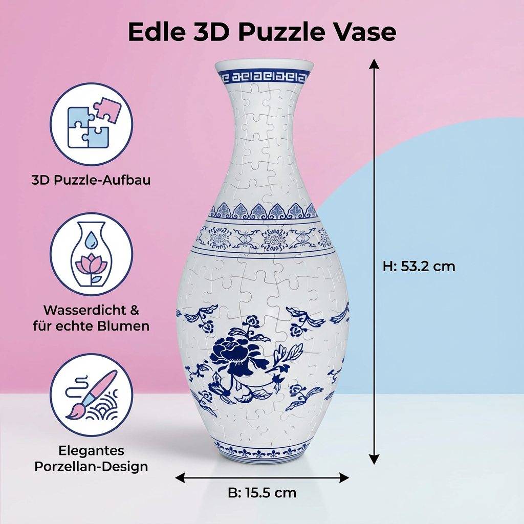 Fertige 3D Puzzle Vase mit frischen Blumen, elegantes DIY Wohnaccessoire, perfekte Heimdekoration und Blickfang.