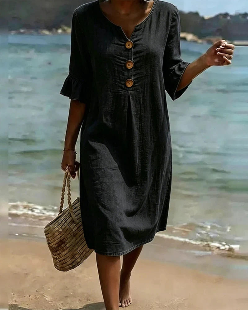 Stylisches Midikleid für Damen, lässig mit Knopfleiste und halben Ärmeln. Vielseitiges Sommer- und Freizeitkleid.