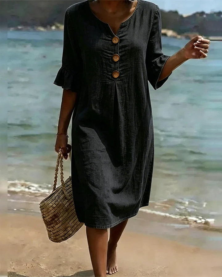 Stylisches Midikleid für Damen, lässig mit Knopfleiste und halben Ärmeln. Vielseitiges Sommer- und Freizeitkleid.