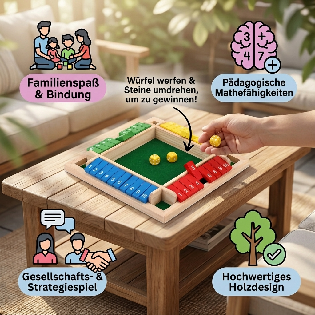 Detaillierte Ansicht des Klappenspiels aus Holz; Würfelspiel für 4 Personen, robustes Lernspiel für Kinder.