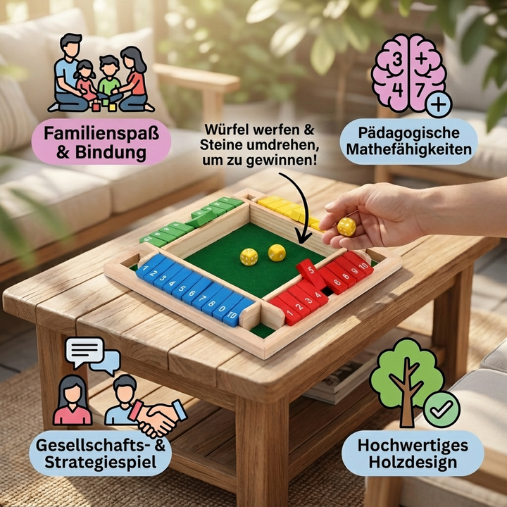Detaillierte Ansicht des Klappenspiels aus Holz; Würfelspiel für 4 Personen, robustes Lernspiel für Kinder.