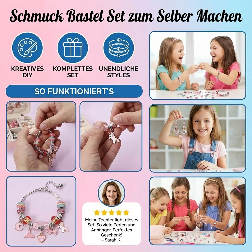 Schmuck Bastelset für Kinder. Fördert Kreativität & Feingefühl beim Gestalten von Ketten & Armbändern.