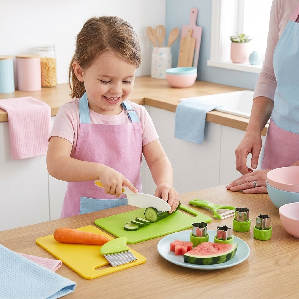 Sicheres Kinder Küchen-Set mit bunten Kochutensilien, perfekt für kleine Meisterköche und fantasievolles Rollenspiel.