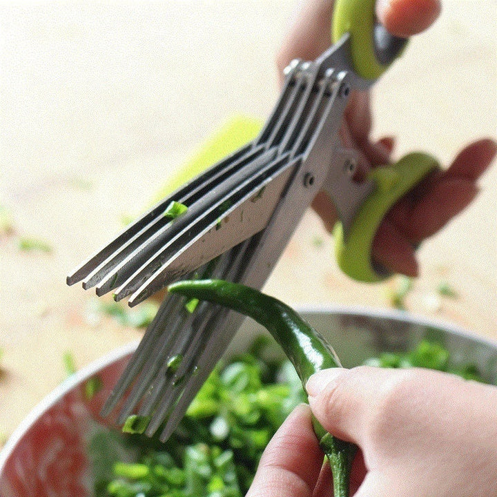 Robuste Edelstahl-Küchenschere mit 5 Klingen. Spart Zeit beim Zerkleinern von Kräutern und frischem Gemüse.