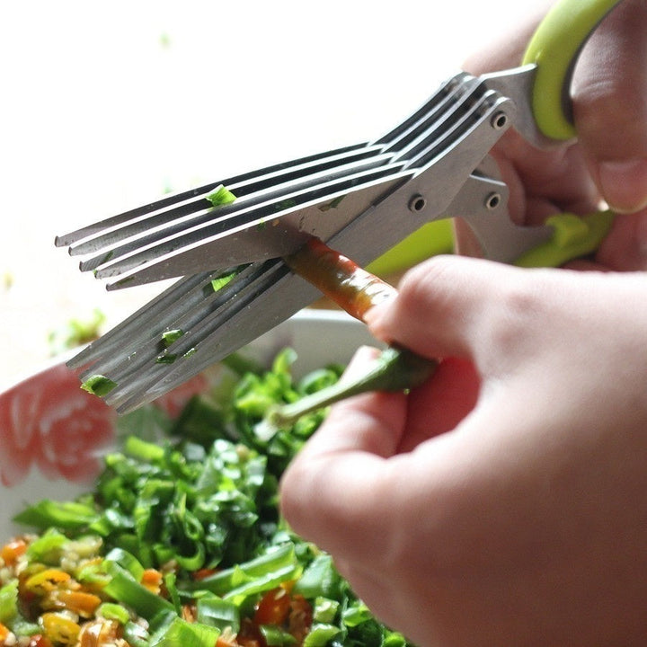 Praktischer Küchenhelfer: 5-Klingen-Kräuterschere aus Edelstahl für schnelles und einfaches Zerkleinern beim Kochen.