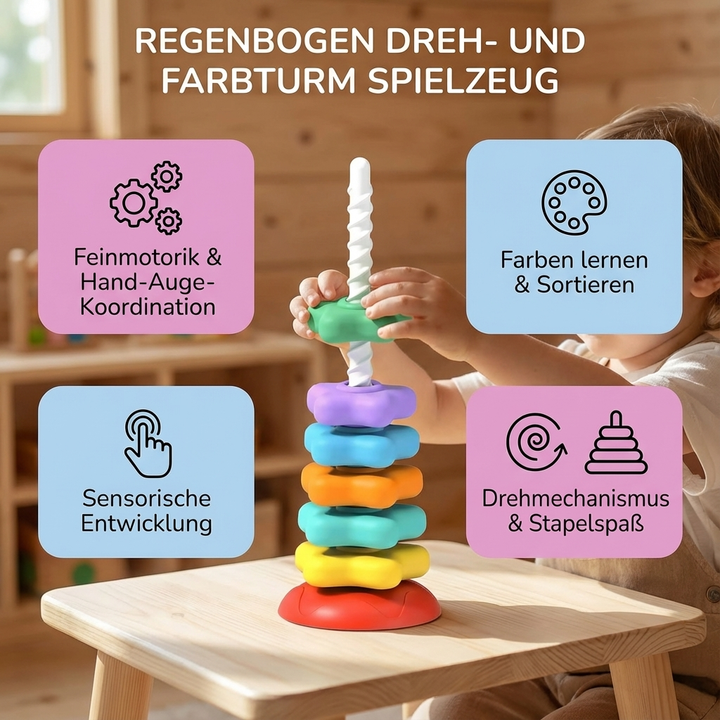 Farbenfroher Regenbogen Farbturm, Lernspielzeug für Kleinkinder zum spielerischen Erkennen und Zuordnen von Farben.