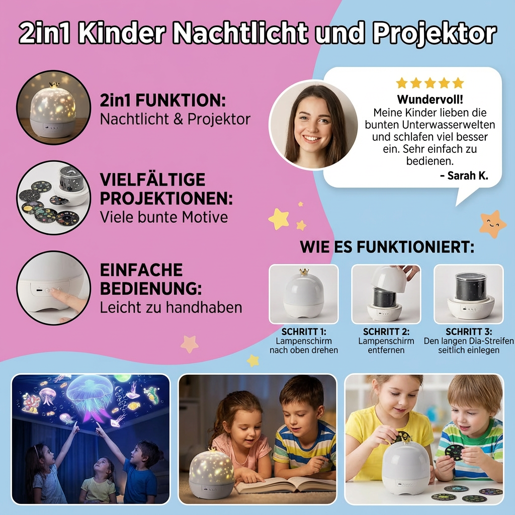 LED Nachtlicht Projektor erzeugt einen zauberhaften Sternenhimmel; perfekte Schlafhilfe für Kinder & Babys.