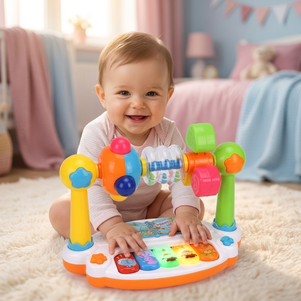 Interaktives Babyspielzeug: Musik, Formen & Farben lernen; fördert Motorik & frühe Entwicklung spielerisch.